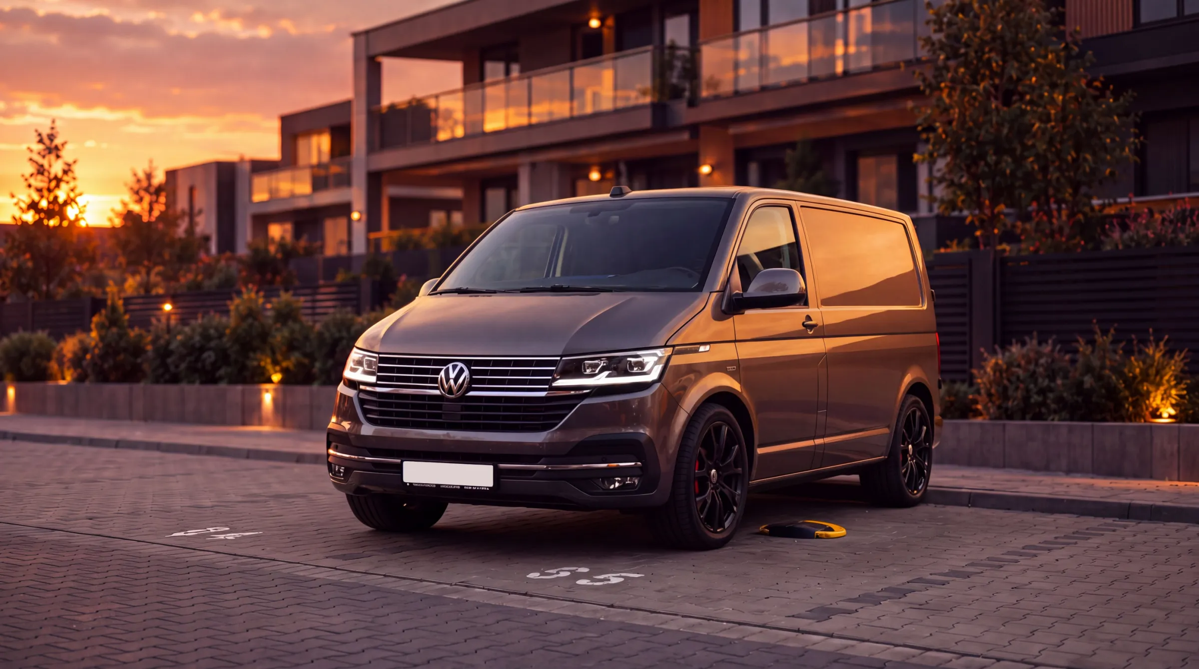 Szary Volkswagen Transporter w trasie, na drodze wzdłuż lasu