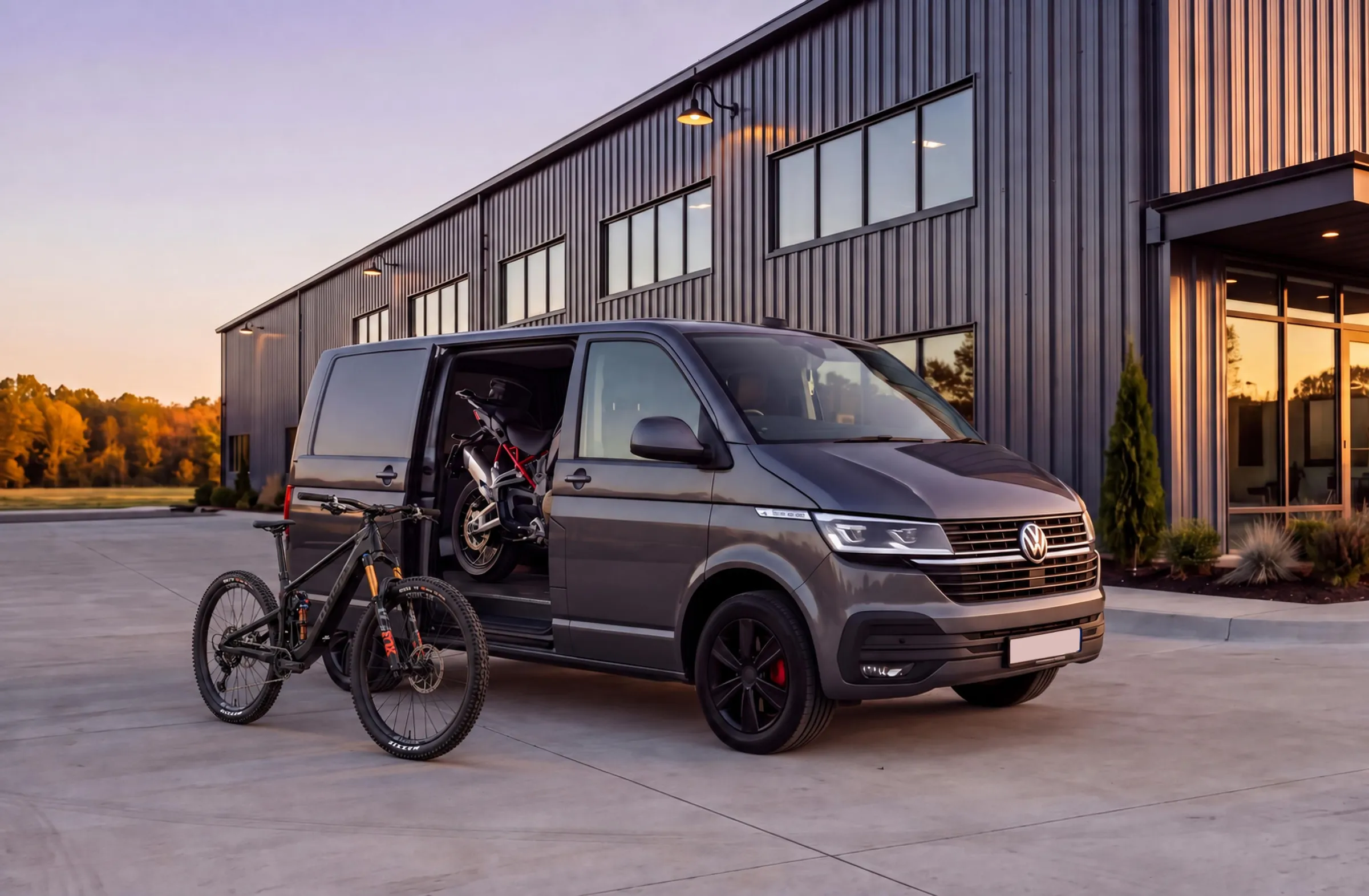 Szary Volkswagen Transporter zaparkowany o zachodzie słońca przed nowoczesnymi budynkami